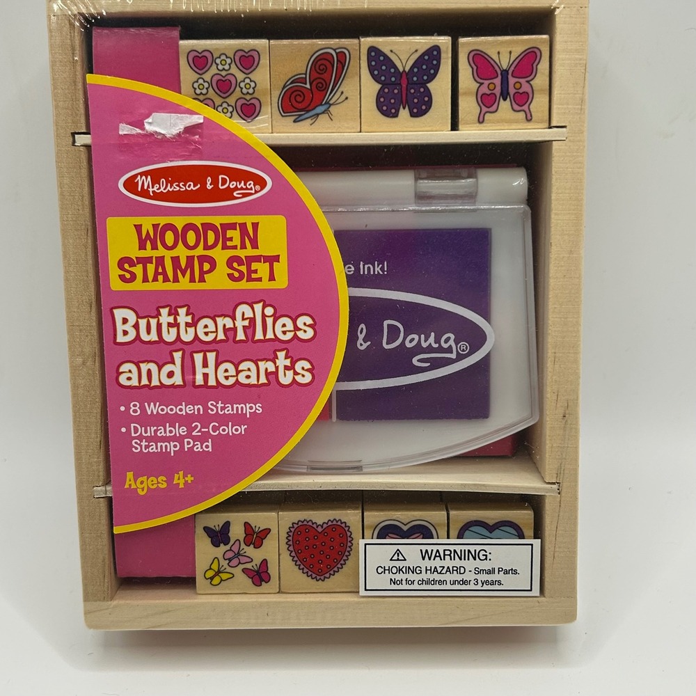 Melissa & Doug Butterflies and Hearts Wooden Stamp Set 8 Stamps Ink Pad 2415 NEW